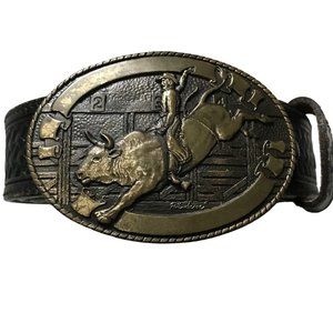 Silver Creek Black Leather Belt Size 38 with Tony Lama  Bull Rider Brass Buckle
